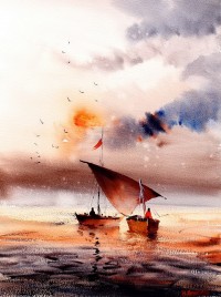Hamir Soomro, 15 x 11 Inch, Watercolor On Paper, Seascape Painting, AC-HSO-020